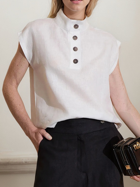 

Linen Casual Plain Stand Collar linen-cotton Blouse, Off white, Blouses & Shirts