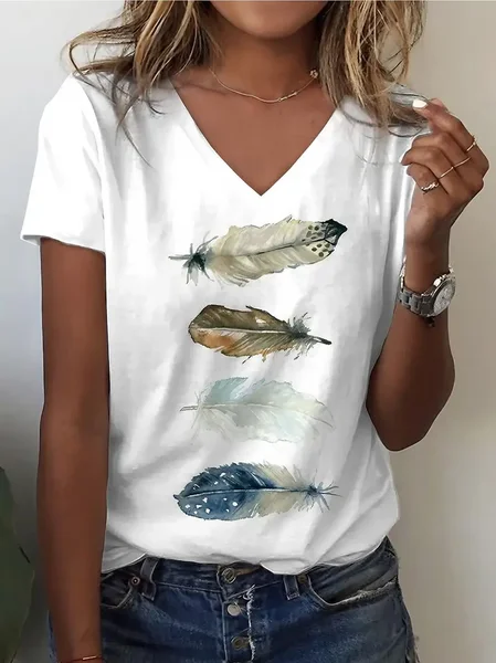 

Women Feather Short Sleeve Tee T-shirt V Neck Printing Casual Summer Graphic Tee Top, White, T-Shirts