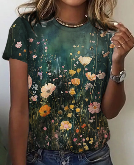 

Flowers Vintage Print T-Shirt, Green, T-shirts