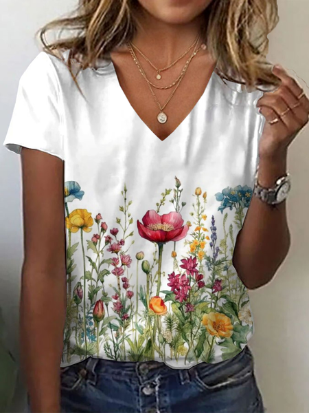 

Women Floral Short Sleeve Tee T-shirt V Neck Printing Casual Summer Graphic Tee Top, White, T-Shirts