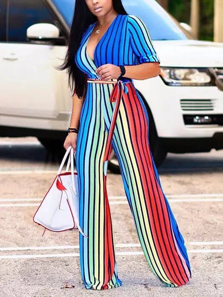Urban Printing Striped Cross Neck Jumpsuit With Belt, As picture, Jumpsuits