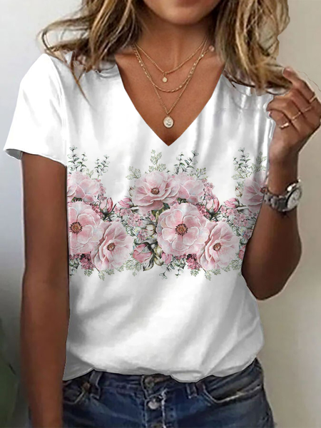 

Women Floral Short Sleeve Tee T-shirt V Neck Printing Casual Summer Graphic Tee Top, White, T-Shirts