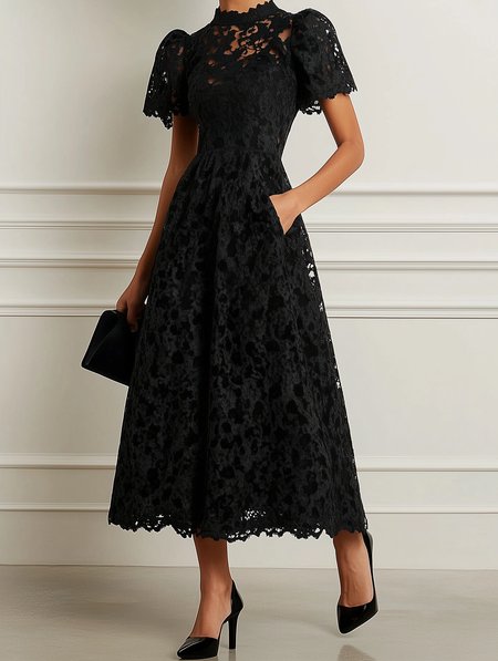 

Elegant Plain Puff Sleeve Lace Midi Dress, Black, Maxi Dresses