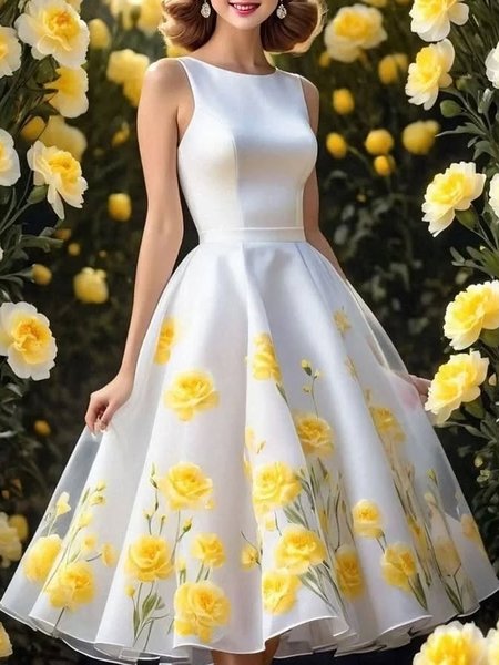 Elegant Floral Printing Crew Neck Knee Length Party Dress, White-yellow, Midi Dresses