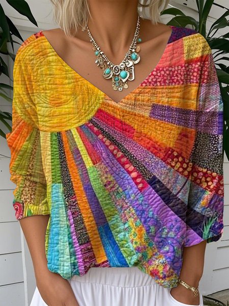 

Casual 3D Printing V Neck Long Sleeve T-shirt, As picture, Blouses