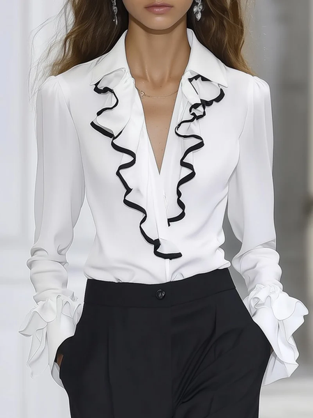 

Elegant Color Block Peplum Shirt Collar Bell Sleeve Shirt, Black-white, Blouses and Shirts