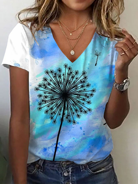 Women Floral Short Sleeve Tee T-shirt V Neck Printing Casual Summer Graphic Tee Top, Blue, T-Shirts