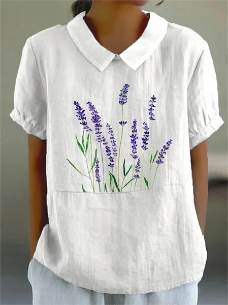 

Shawl Collar Half Sleeve Plants Regular Loose Blouse For Women, White, Blouses