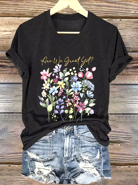 

Casual Floral V Neck Short Sleeve T-shirt, Black, T-shirts