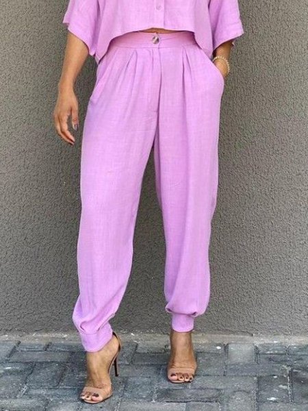 Casual Plain Cotton Ankle Banded Pants, Pink, Pants