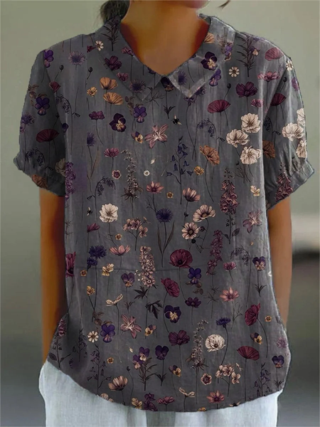 

Women Floral Short Sleeve Shirt Summer Printing Shawl Collar Daily Casual Top, Deep purple, Shirts