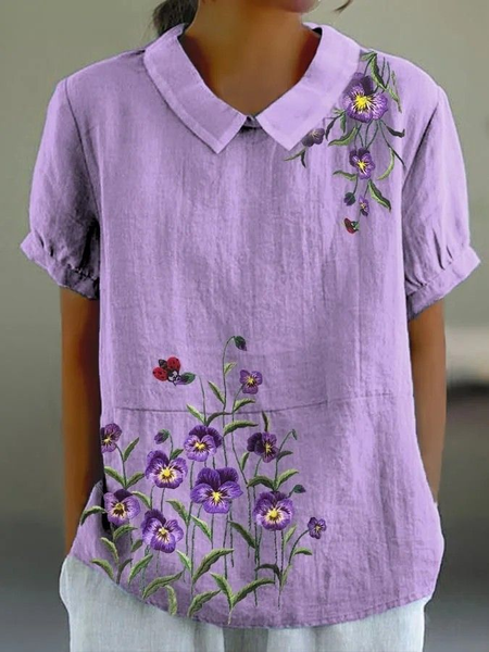 

Women's Alzheimer's Floral Print Lapel Short Sleeve Shirt, Purple, Blouses