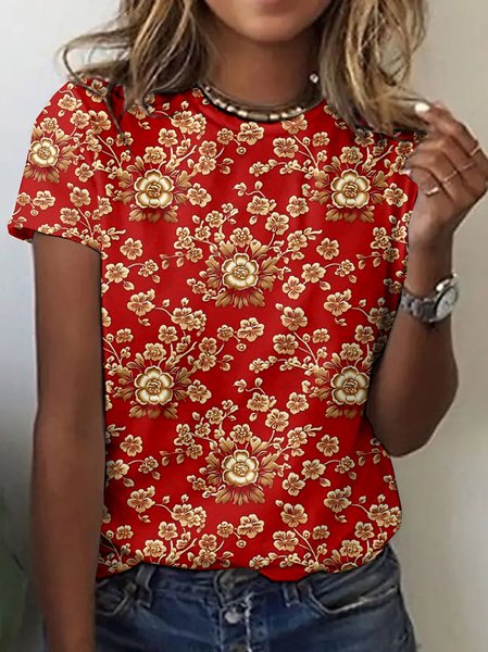 

Casual Floral Crew Neck Short Sleeve T-shirt, Red, T-shirts