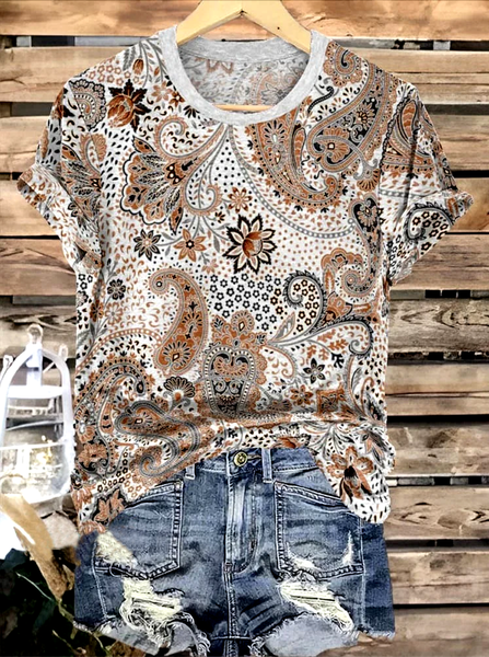 

Casual Floral Crew Neck Short Sleeve T-shirt, Light brown, T-shirts