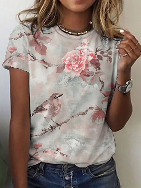 

Floral Casual Crew Neck T-Shirt, Pink, T-shirts