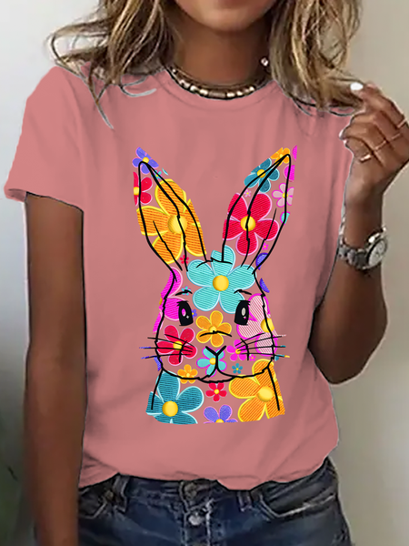 

Happy Easter Bunny Flowers Print Cotton T-Shirt, Orange pink, T-shirts
