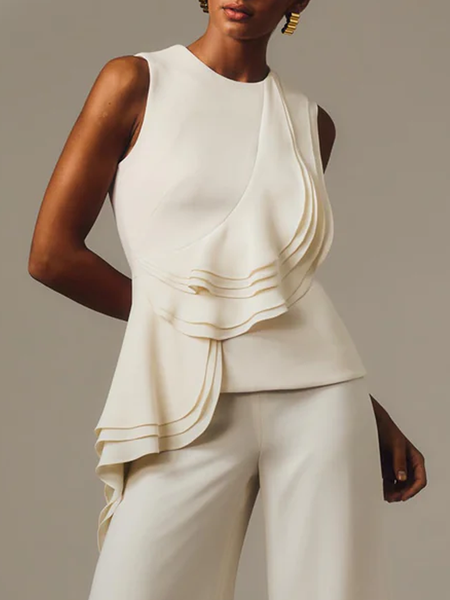 

Urban Plain Peplum Crew Neck Tank Top, Off white, Tanks and Camis