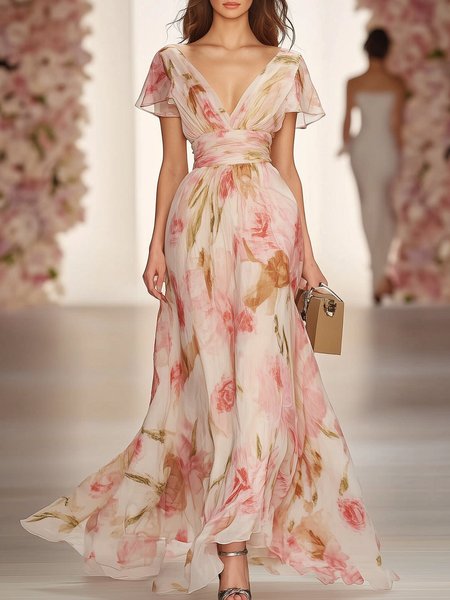 Vacation Floral Printing V Neck Maxi Dress, As picture, Maxi Dresses