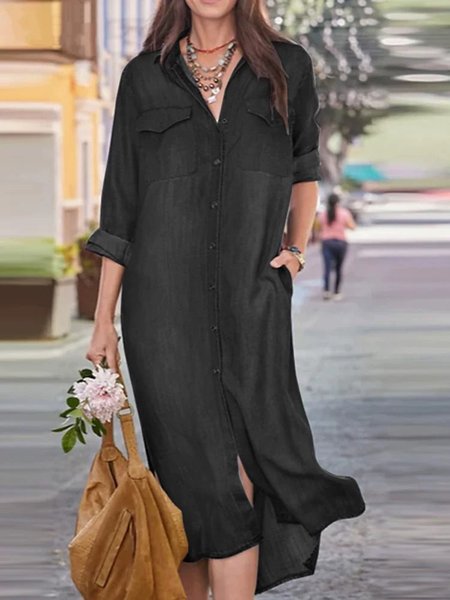 Casual Loose Shirt Collar Maxi Dress, Black, Maxi Dresses