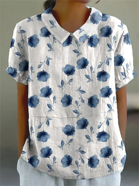 Women's Floral Spring Print Lapel Short Sleeve Shirt, White, Blouses & Shirts