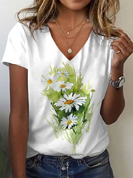 

Women Floral Short Sleeve Tee T-shirt V Neck Printing Casual Summer Graphic Tee Top, White, T-Shirts