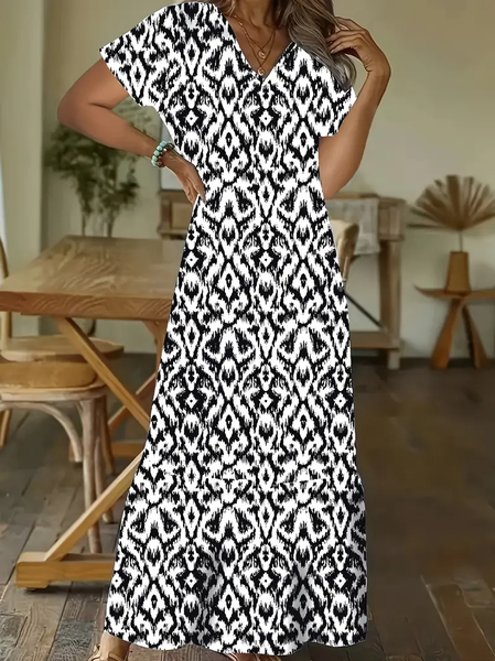 

Loose V Neck Casual Dress With No, Black, Maxi Dresses