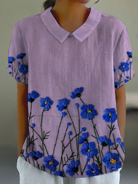 

Women's Alzheimer's Floral Print Lapel Short Sleeve Shirt, Purple, Blouses