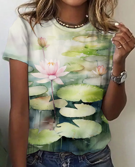 

Vintage Flower lotus Print T-Shirt, Green, T-shirts