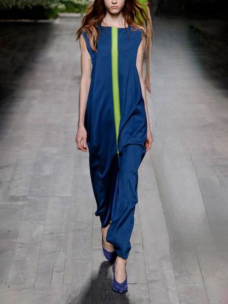 

Urban Color Block Crew Neck Jumpsuit, Blue, Jumpsuits