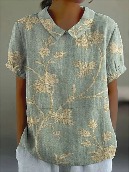 Women's Floral Spring Print Lapel Short Sleeve Shirt, Green, Blouses