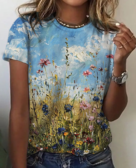 

Flowers Vintage Print T-Shirt, Blue, T-shirts