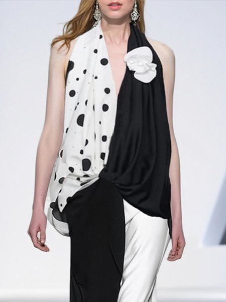 Satin Elegant Color Block Printing V Neck Tank Top, Black-white, Tanks and Camis