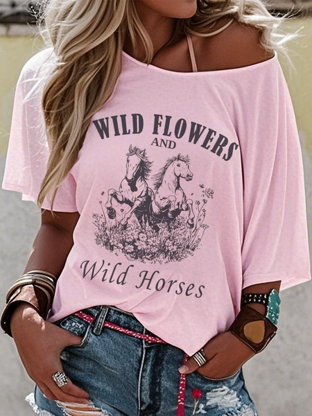 

Western Style Round Neck Colored Cotton Short Sleeve T-Shirt, Pink, T-shirts
