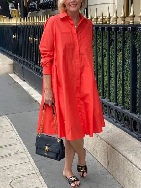 Casual Cotton Plain Shirt Collar Loose Midi Dress, Red, Maxi Dresses