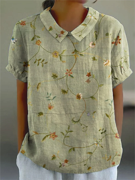 Women's Floral Print Spring Lapel Short Sleeve Shirt, Green, Blouses