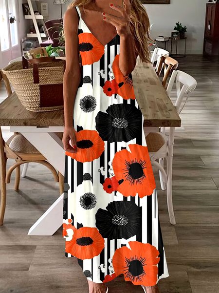 

Women Geometric Spaghetti Sleeveless Comfy Casual Maxi Dress, White, Maxi