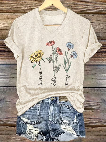 

Casual Floral Crew Neck Short Sleeve T-shirt, Apricot, T-shirts