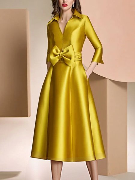 Elegant Plain Satin Bow Shirt Collar Midi Party Dress With Belt, Yellow, Midi Dresses