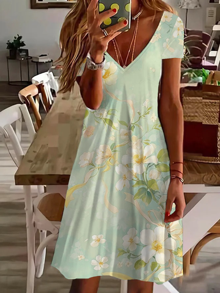 

Women Floral Short Sleeve Summer Printing Dress V Neck Daily Casual Midi Fit & Flare Dress A-Line Dress, Green, Casual Dresses