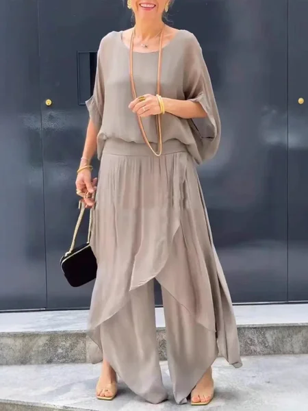 

Casual Plain Crew Neck Two-Piece Set, Apricot, Suits