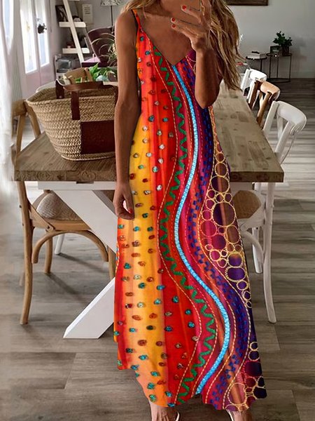 

Women Geometric Spaghetti Sleeveless Comfy Casual Maxi Dress, Orange, Maxi