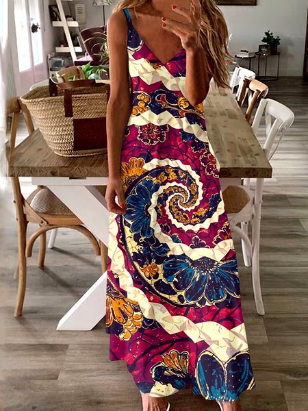 

Women Geometric Spaghetti Sleeveless Comfy Casual Maxi Dress, Red, Maxi