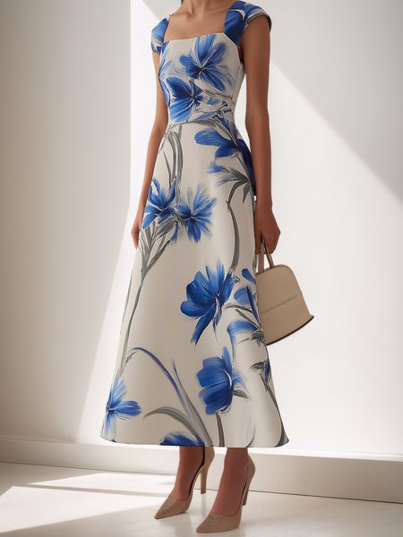 Elegant Floral Printing Square Neck Maxi Dress, As picture, Maxi Dresses