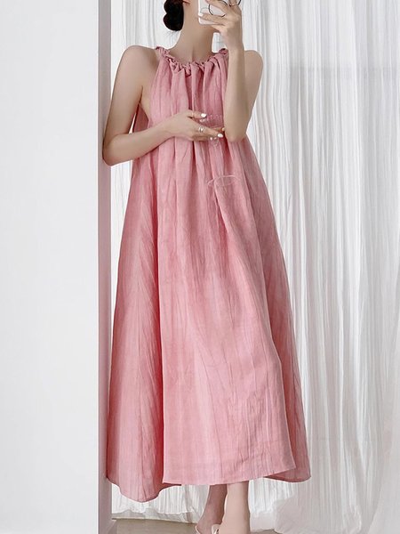 

Casual Plain Cotton And Linen Loosen Halter Midi Dress, Pink, Midi Dresses