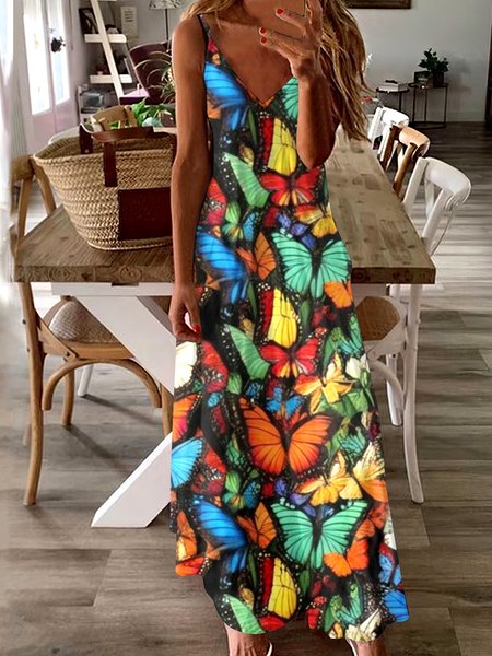 

Women Geometric Spaghetti Sleeveless Comfy Casual Maxi Dress, Multicolor, Maxi