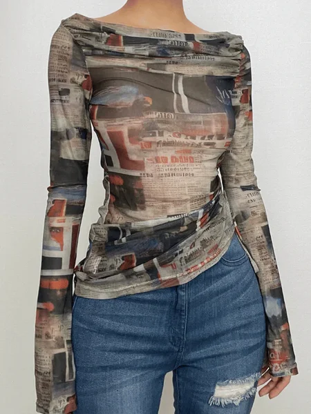 Casual Letter Pattern Printing Off The Shoulder T-shirt, As picture, Tees