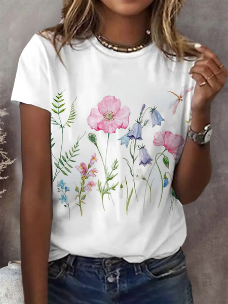 

Women's Floral Spring Print Casual Round Neck Short Sleeve T-Shirt, White, T-shirts