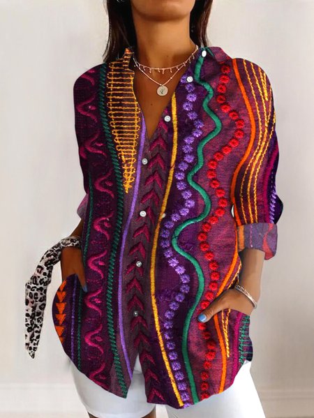 Shirt Collar Long Sleeve Geometric Regular Micro-Elasticity Regular Fit Shirt For Women, Fuchsia, Shirts