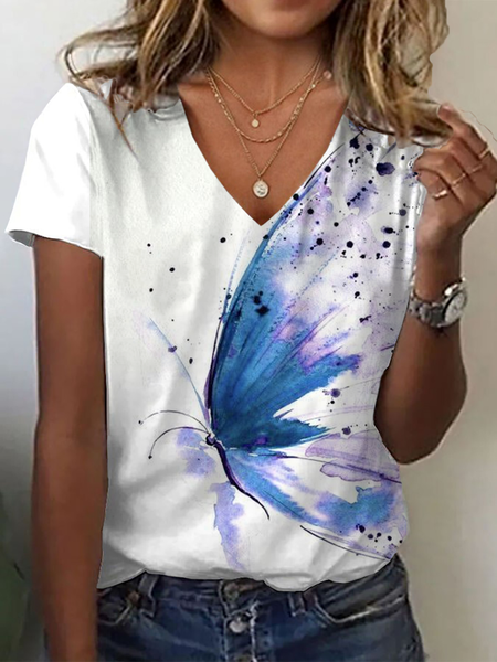 

Women Butterfly Short Sleeve Tee T-shirt V Neck Printing Casual Summer Graphic Tee Top, White, T-Shirts