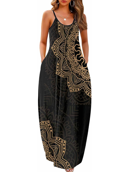 

Women Floral Crew Neck Gallus Comfy Casual Maxi Dress, As picture, Dresses